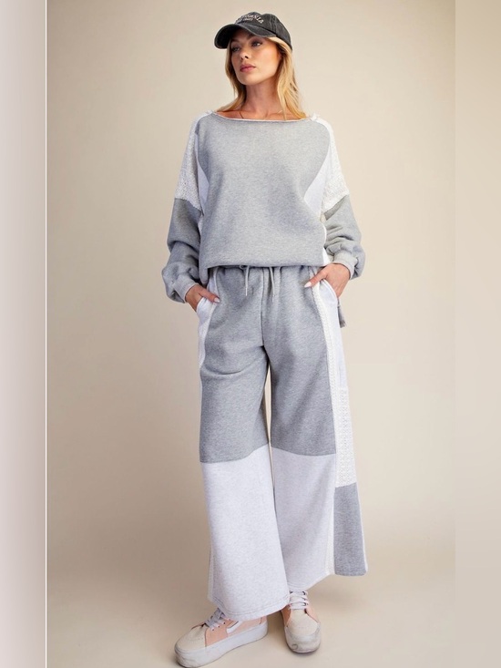 easel Pants - Easel Wide Leg Colorblock Sweatpants - Light Gray & White